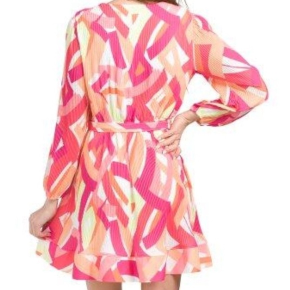 Nicole Miller Pink and Orange Patterned Pleated Mini Dress with Bishop Sleeves - Picture 6 of 8